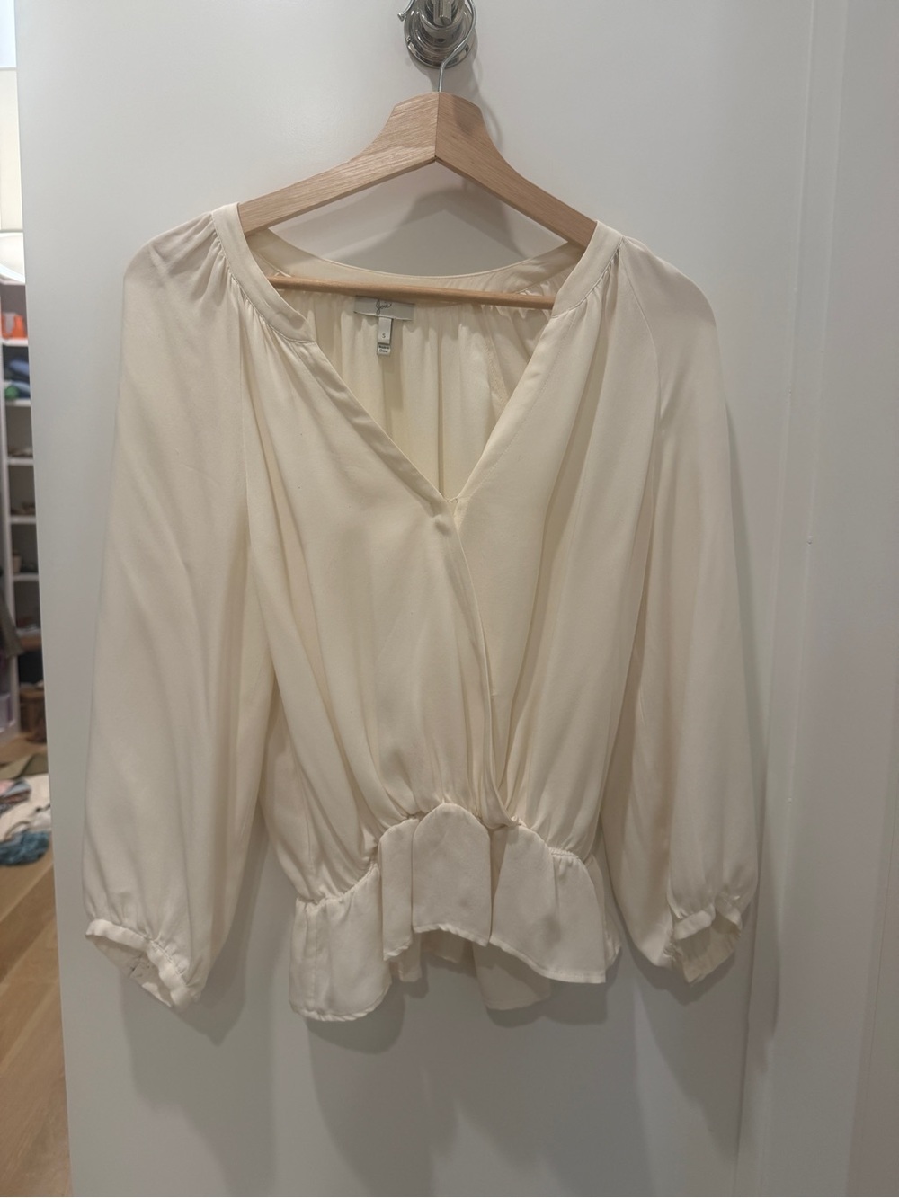 Joie Ivory Gathered V-Neck Peplum Blouse